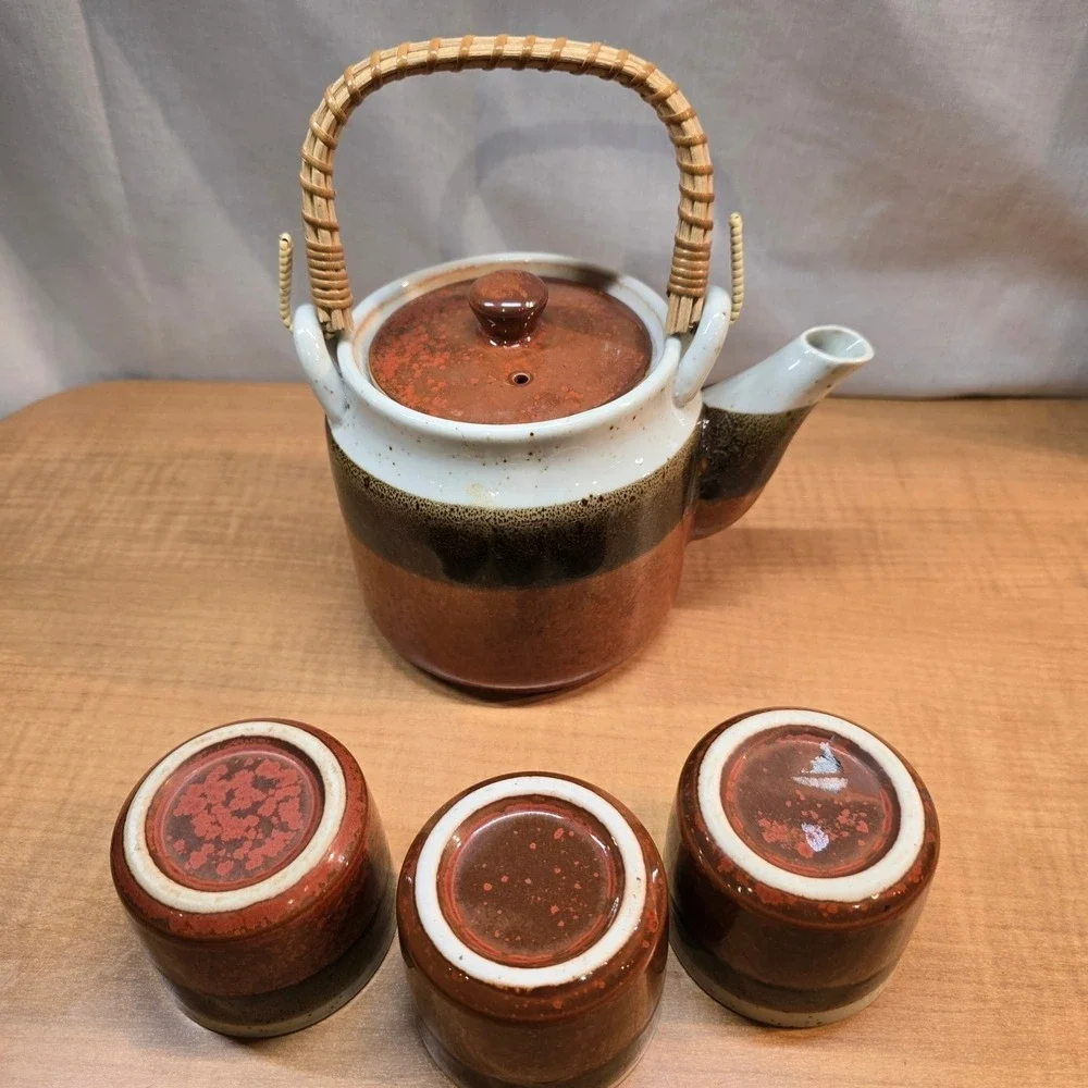 Sake Set Teapot, 3 mugs. Ceramic‎ with wicker handle Earthenware Browns Glaze